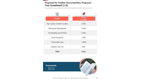 Proposal For Publish Documentary Proposal Your Investment One Pager Sample Example Document
