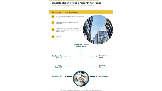Proposal For Renting Office Building Details About Office Property One Pager Sample Example Document