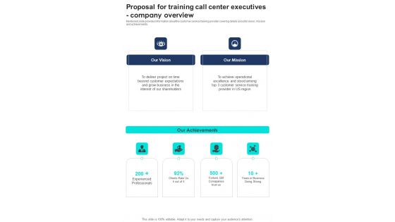 Proposal For Training Call Center Executives Company Overview One Pager Sample Example Document Proposal For Training Call Center Executives Company Overview One Pager Sample Example Document
