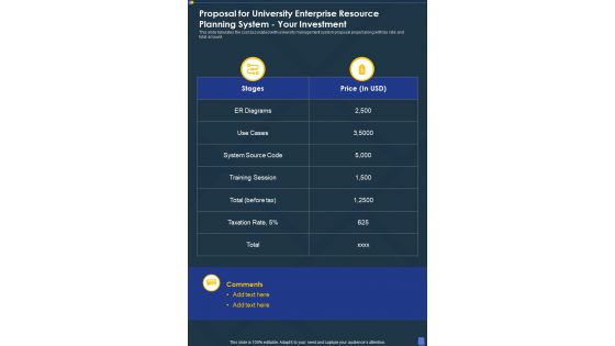 Proposal For University Enterprise Resource Planning System Your Investment One Pager Sample Example Document