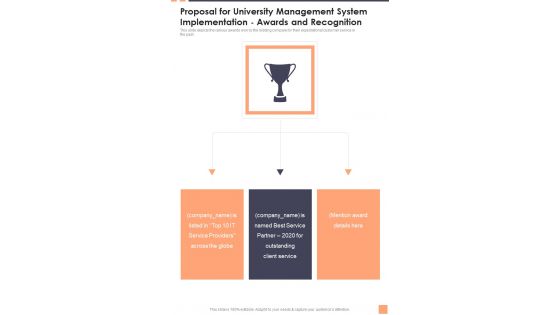 Proposal For University Management System Implementation Awards And Recognition Wd One Pager Sample Example Document