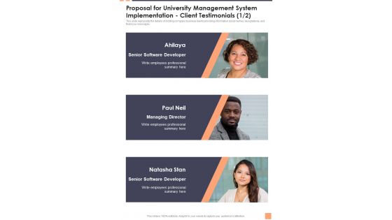 Proposal For University Management System Implementation Client Testimonials Wd One Pager Sample Example Document