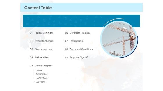 Proposal Template For Concrete Supplier Service Content Table Ppt PowerPoint Presentation Outline Icon PDF