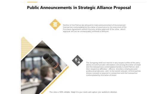 Public Announcements In Strategic Alliance Proposal Ppt PowerPoint Presentation Show Designs Download