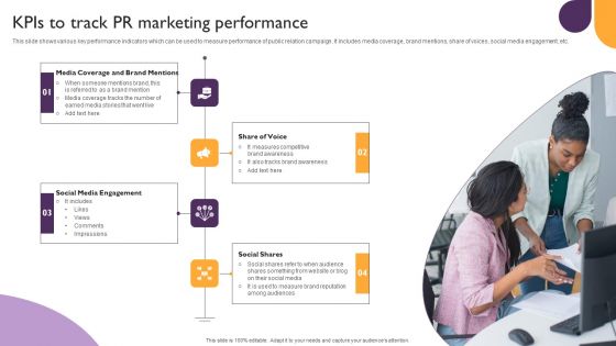 Public Relations Guide To Enhance Brand Credibility Kpis To Track PR Marketing Performance Infographics PDF