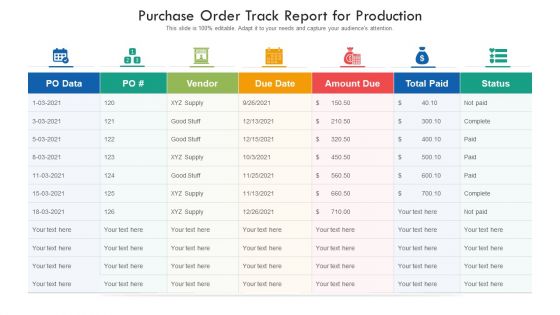Purchase Order Track Report For Production Ppt PowerPoint Presentation Icon Example Introduction PDF