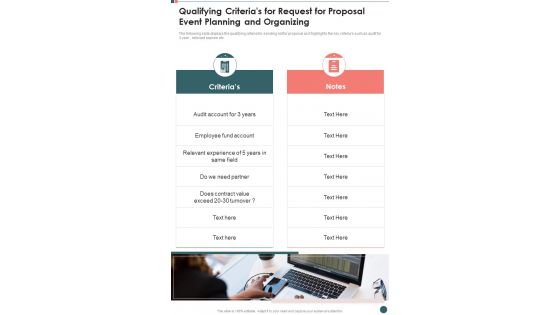 Qualifying Criterias For Request For Proposal Event Planning And Organizing One Pager Sample Example Document