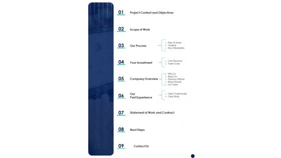 Qualitative And Quantitative Research Data Assessment Proposal Table Of Contents One Pager Sample Example Document