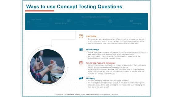 Qualitative Concept Testing Ways To Use Concept Testing Questions Ppt PowerPoint Presentation Show Background Image PDF