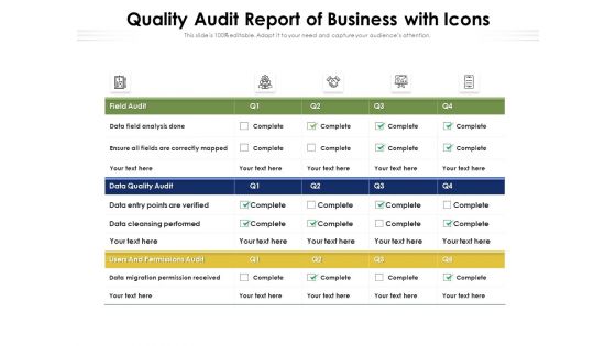 Quality Audit Report Of Business With Icons Ppt PowerPoint Presentation Layouts Inspiration PDF
