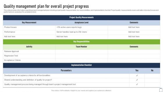 Quality Management Plan For Overall Project Progress Project Managers Playbook Download PDF