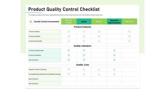 Quality Management Plan QMP Product Quality Control Checklist Ppt Infographic Template Background PDF
