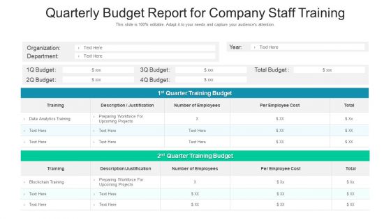 Quarterly Budget Report For Company Staff Training Ppt Icon Slide PDF