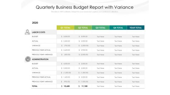 Quarterly Business Budget Report With Variance Ppt PowerPoint Presentation Gallery Show PDF
