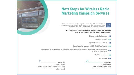 Radio Marketing Plan Product Launch Next Steps For Wireless Radio Marketing Campaign Services Designs PDF
