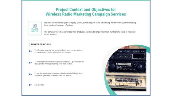 Radio Marketing Plan Product Launch Project Context And Objectives For Wireless Radio Marketing Campaign Services Topics PDF