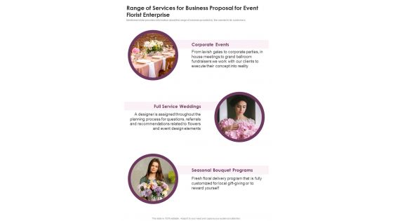 Range Of Services For Business Proposal For Event Florist Enterprise One Pager Sample Example Document