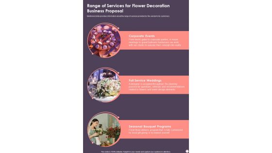 Range Of Services For Flower Decoration Business Proposal One Pager Sample Example Document
