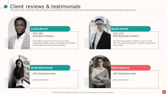 Real Estate Company Details Client Reviews And Testimonials Ppt PowerPoint Presentation Outline Show PDF