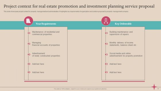 Real Estate Promotion And Investment Planning Service Proposal Ppt PowerPoint Presentation Complete Deck With Slides