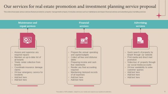 Real Estate Promotion And Investment Planning Service Proposal Ppt PowerPoint Presentation Complete Deck With Slides