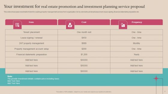 Real Estate Promotion And Investment Planning Service Proposal Ppt PowerPoint Presentation Complete Deck With Slides