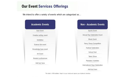 Recreational Program Proposal Our Event Services Offerings Ppt Styles Visual Aids PDF