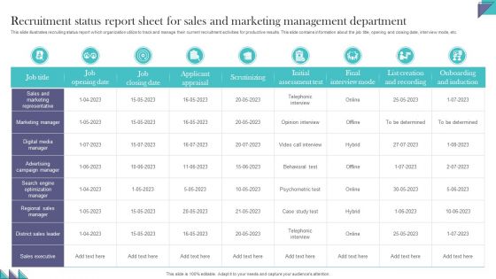 Recruitment Status Report Sheet For Sales And Marketing Management Department Graphics PDF