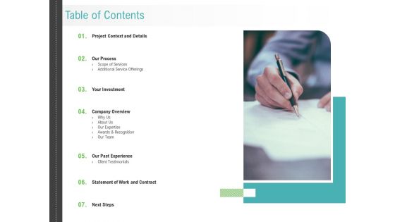 Renting Car Services Proposal Table Of Contents Ppt Portfolio Information PDF