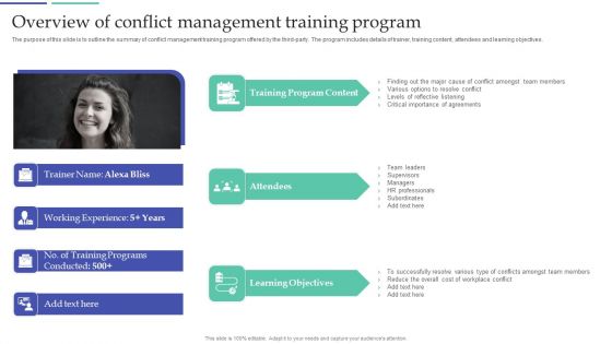 Resolving Team Disputes In Organization Overview Of Conflict Management Training Program Infographics PDF