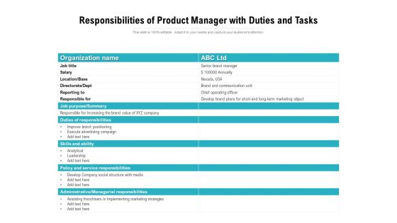 Responsibilities Of Product Manager With Duties And Tasks Ppt PowerPoint Presentation Portfolio Graphics PDF