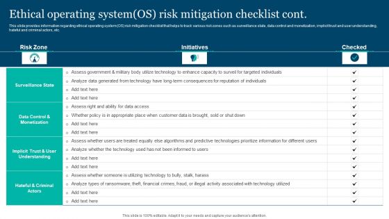Responsible Technology Playbook Ethical Operating System OS Risk Mitigation Checklist Infographics PDF