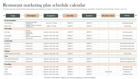 Restaurant Marketing Plan Schedule Calendar Formats PDF