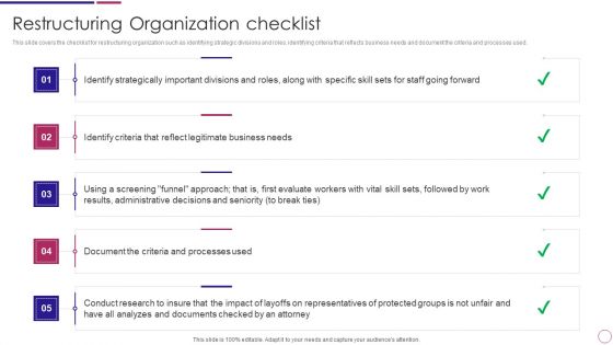 Restructuring Organization Checklist Ppt PowerPoint Presentation Gallery Aids PDF
