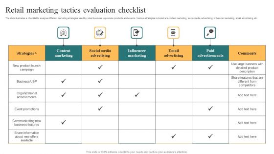 Retail Marketing Tactics Evaluation Checklist Portrait PDF Retail Marketing Tactics Evaluation Checklist Portrait PDF