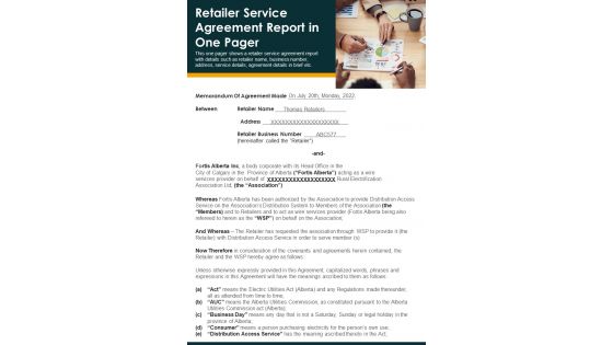 Retailer Service Agreement Report In One Pager PDF Document PPT Template