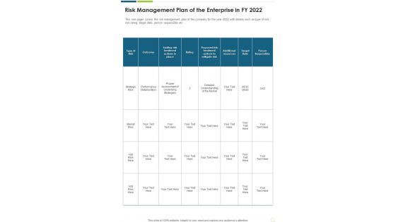 Risk Management Plan Of The Enterprise In FY 2022 One Pager Documents
