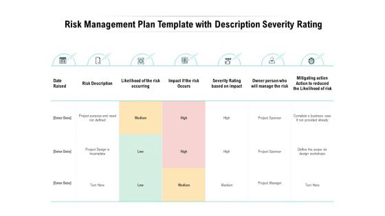 Risk Management Plan Template With Description Severity Rating Ppt PowerPoint Presentation Portfolio Example Topics
