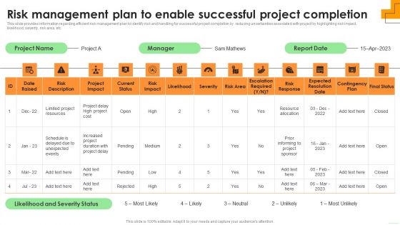 Risk Management Plan To Enable Successful Project Completion Brochure PDF Risk Management Plan To Enable Successful Project Completion Brochure PDF