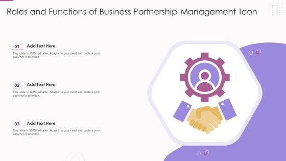 Roles And Functions Of Business Partnership Management Icon Portrait PDF