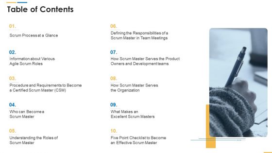 Roles And Responsibilities Of Scrum Master Table Of Contents Ppt Pictures Graphics Download PDF