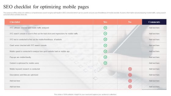 SEO Checklist For Optimizing Mobile Pages Performing Mobile SEO Audit To Analyze Web Traffic Mockup PDF