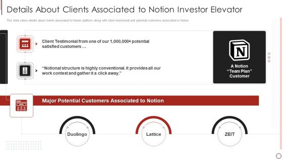 Notion Investor Elevator Details About Clients Associated To Notion Investor Elevator Sample PDF