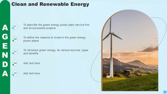Agenda Clean And Renewable Energy Ppt PowerPoint Presentation Summary Graphics Download PDF