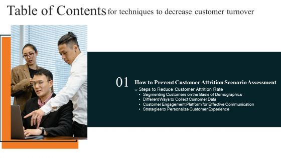 Table Of Contents For Techniques To Decrease Customer Turnover Inspiration PDF
