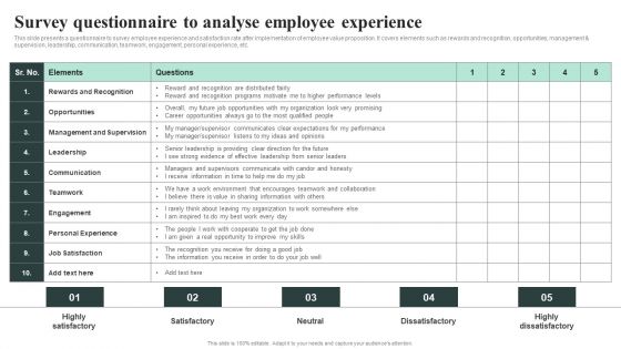 Survey Questionnaire To Analyse Employee Experience Template PDF