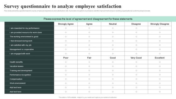 Survey Questionnaire To Analyze Employee Satisfaction Diagrams PDF