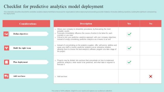 Predictive Data Model Checklist For Predictive Analytics Model Deployment Sample PDF