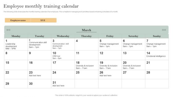 Skill Enhancement Plan Employee Monthly Training Calendar Topics PDF