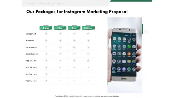 SMM Our Packages For Instagram Marketing Proposal Ppt Outline Guide PDF